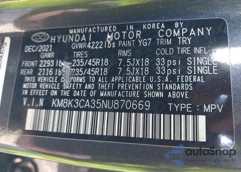 2022 Hyundai Kona N Line z USA, uszkodzony, nr VIN KM8K3CA35NU870669